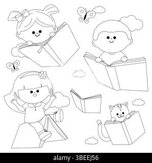 Glückliche Kinder, die mit Büchern am Himmel fliegen. Kinder buchen Tagesfeier. Schwarzweiß-Ausmalseite. Stockfoto