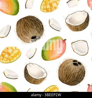 Nahtloses Muster in Mango-Kokosnüssen auf weiß mit realistischen ganzen und geschnittenen Früchten und Scheiben. Handgezeichneter Wiederholungshintergrund für tropische Tiere Stockfoto