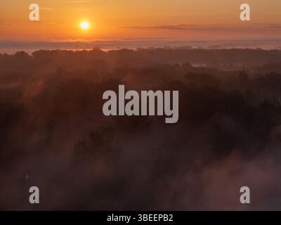 Blick aus der Vogelperspektive auf Sonnenaufgang und Morgennebel über einer Waldlandschaft im Lowland Stockfoto