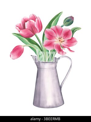 Aquarellstrauß mit Tulpen. Handgezeichnete Illustration schöne Blumenblüten und Knospen im Krug. Stockfoto