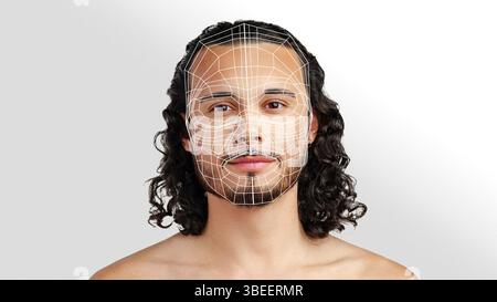 3D-Visualisierung von Gesichtskarten mit einem männlichen Modell, das realistische Hautstrukturen und -Konturen zeigt Stockfoto