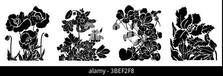 Botanische Silhouette mit Blumen und Blättern Stock Vektor