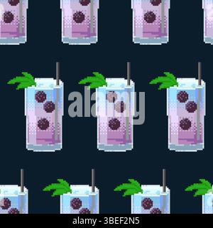 Nahtloses Pixeldesign mit erfrischendem blackberry-Cocktail. Niedliches Retro-Design für digitale Anwendungen, Verpackungen, Textilien oder Sommerdesign. Stock Vektor