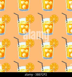 Nahtloses Sommermuster mit orangefarbenem Cocktail im Pixel-Art-Stil. Leuchtend fruchtiges Getränkedesign für Stoffe, Verpackungen, digitale Projekte und Tapeten. Stock Vektor