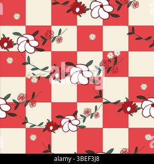 Kariertes rotes und weißes Karomuster mit Blumen Stock Vektor