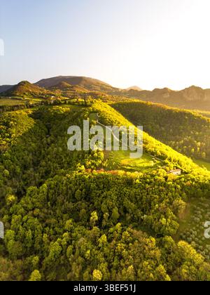 Blick aus der Vogelperspektive auf einen üppig grünen Wald auf einem Hügel vor dem Berg Monte Venda in den Hügeln von Colli Euganei mit untergehender Sonne, die warmes Licht wirft Stockfoto