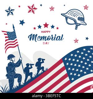 Happy Memorial Day Vektor Illustration – Patriotische Amerikanische Flagge, Soldatentribute, Flaches Modernes Design Stock Vektor