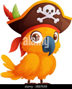Niedlicher Cartoon Papageienpirate mit Schädelhut und rotem Bandana, isolierte Vektor-Illustration. Stock Vektor