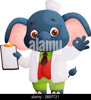 Elefanten-Cartoon-Figur als Doktor, mit weißem Mantel und Clipboard, das Okay-Zeichen gibt. Stock Vektor