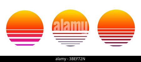 Retro Vaporwave Sun futuristischer Sonnenaufgang. Geometrischer Planet des Cyberpunk. Synthwave Vintage. Sonnenkreis-Retrowellenabstrakt. Vektorabbildung Stock Vektor