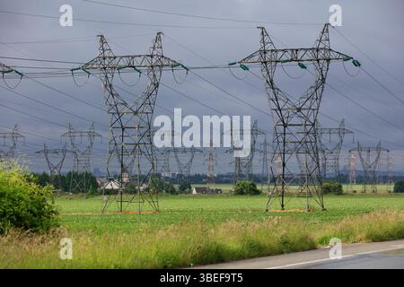 Hochspannungsleitungen auf freiem Feld beim Umspannwerk Poste electrique de Plessis-Gassot in der Nähe des Pariser Flughafens Charles de Gaule, DÃ partement Val-dOise, Region Ile-de-France, Frankreich *** Hochspannungsleitungen im Freiland am Umspannwerk Poste electrique de Plessis Gassot in der Nähe des Flughafens Charles de Gaule, Departement Val dOise, Region Ile de France, Region Ile de France, Frankreich, Frankreich Stockfoto