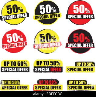 Etiketten für 50 %-Sonderangebote: Fettabzeichen mit Rabatten in verschiedenen Farben Stock Vektor
