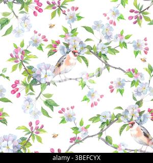 Nahtloses Aquarellmuster mit Goldfinken, Bienen und blühendem Apfelbaum. Stockfoto