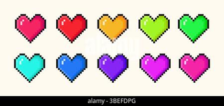 Set aus farbenfrohen Pixelherzsymbolen im 8-Bit-Retro-Stil für Spiele oder romantische Designs. Vektorabbildung Stock Vektor