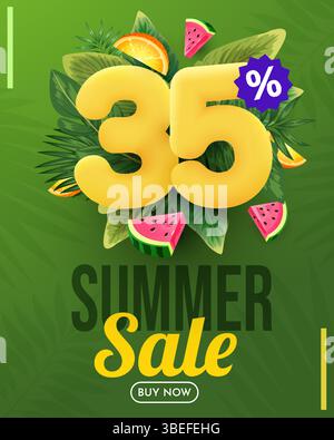Sommerangebot Vektor-Design. Sommerangebot mit Text zum 3D-Rabatt von 35 Prozent mit Strandelementen. Vektor-Illustration Sommerangebot Promo. Stock Vektor