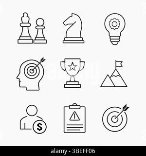 Eine Reihe von Umrisssymbolen, die Geschäftsstrategie, Planung, Ziele, Innovation und Erfolg darstellen, ideal für Unternehmens- und Marketingdesign, Vektor i Stock Vektor
