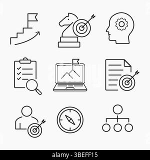 Skizzieren Sie Symbole mit strategischen Zielen, Planungs-, Analyse- und Geschäftsentwicklungstools, perfekt für Unternehmens- oder Marketingvisualisierungen, Vektor-Ill Stock Vektor