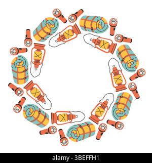 Vektor-Illustration mit einem runden Rahmen, der aus Campinggegenständen wie Schlafsack, roter Laterne und Taschenlampe gemacht wird. Die Farben sind warm und gemütlich, perfekt für Stock Vektor
