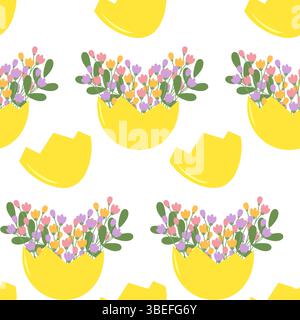 Frühlingskomposition in farbenfrohen zerrissenen Eggshell nahtlosen Mustern Frühlingsgrüße oder Osterliebhaber. Isolierte Vektor-Illustration Thematische Karten Hintergrund Posting oder Werbebanner, Faltblatt, Preisschild Stock Vektor