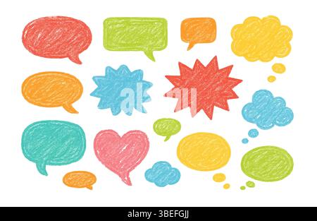 Sprachblasen kritzeln gezeichnete Buntstifte. Bleistift sprechen Sprache Wolke Ballon Box Dialog Nachricht Vektor Symbol Stock Vektor