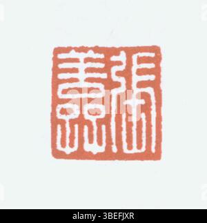Vereinfachtes chinesisch geschnitztes Siegel, das früher für die persönliche oder offizielle Authentifizierung verwendet wurde, mit gravierten Schriftzeichen und roten Tintenabdrücken. Stockfoto