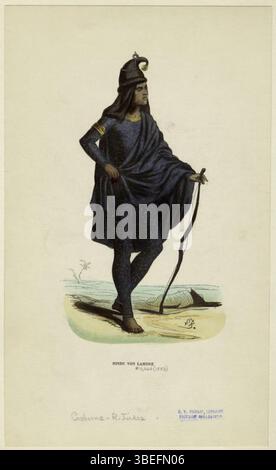 Der zwischen 1845 und 1847 entstandene Holzstich „Hindu von Lahore“ von L. Lisbet zeigt eine Person, die wahrscheinlich dem Akali-Nihang-Sikh-Orden angehört, basierend auf der charakteristischen Kleidung. Das Bild war Teil des Buches „die Völker des Erdballs“, das verschiedene ethnische Gruppen und ihre Bräuche dokumentierte. Stockfoto