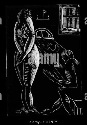 Max Jiménez Holzstich aus dem Jahr 1936, der Kapitel 8 seines Romans El Domador de Pulgas illustriert. Das Stück ist eine ausdrucksstarke Darstellung der Erzählung und zeigt Jiménez' Meisterschaft in der Holzschnitttechnik und seinen einzigartigen Ansatz zum visuellen Erzählen. Stockfoto