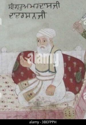 Ein Wandbild, das Guru Amar das und Guru Angad auf einer Terrasse im Darbar von RAM Rai in Dehradun, Indien, zeigt, datiert auf das Ende des 17. Oder frühen 18. Jahrhunderts. Stockfoto