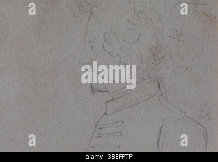 Die kleinformatige Bleistiftzeichnung von Heinrich Rosbach (1814-1879) zeigt den jungen Karl Marx während seiner Studienzeit in Bonn in den Jahren 1835/36. Marx ist mit wenigen, sich weitgehend auf die Konturen beschränkenden Linien im Profil wiedergegeben. Der dargestellte trägt wie auf der selben Zeit entstandenen Gruppendarstellung der Trierer Studenten vor dem 'Weißen Roß' in Bad Godesberg von David Levy Elkan (1808–1865) eine, an eine Uniform erinnernde Jacke, einen dünnem Vollbart und üppige Locken. ----- Die kleinformatige Bleistiftzeichnung von Heinrich Rosbach (1814-1879) zeigt de Stockfoto