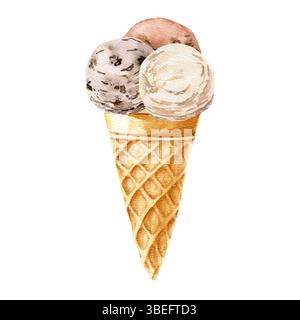 Aquarell handgezeichnete Illustration mit drei Kugeln Vanila, Schokolade, Keksen Eis in einer Waffelkegel Stockfoto