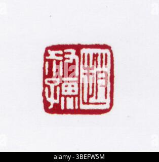 Dieses chinesische Siegel ist mit vereinfachten chinesischen Schriftzeichen geschnitzt, die in traditioneller chinesischer Kunst und Dokumenten verwendet werden. Das Siegel repräsentiert Autorität und Authentizität in historischen Zusammenhängen. Stockfoto