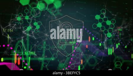 Sicherheitsvorhängeschloss-Symbol und chemische Strukturen gegen die Verarbeitung von Finanzdaten und Weltkarte Stockfoto