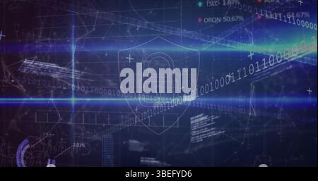 Sicherheitsvorhängeschloss-Schild-Symbol über Netzwerk von Verbindungen gegen die Verarbeitung von Börsendaten Stockfoto