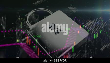 Symbol für die Verarbeitung von Finanzdaten und Sicherheitsvorhängeschloss vor Bildschirmen mit einem Netzwerk von Verbindungen Stockfoto