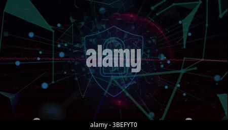 Sicherheitsvorhängeschloss-Symbol über dem Netzwerk von Verbindungen vor schwarzem Hintergrund Stockfoto