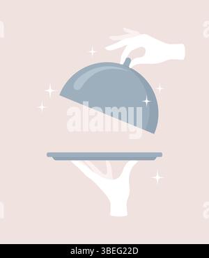 Hände in weißen Handschuhen halten einen Cloche und öffnen den Deckel auf beigefarbenem Hintergrund. Illustration des flachen Vektors Stock Vektor