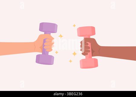 Zwei Hände mit verschiedenen Hauttönen, die bunte Kurzhanteln einander gegenüber halten. Illustration des flachen Vektors Stock Vektor