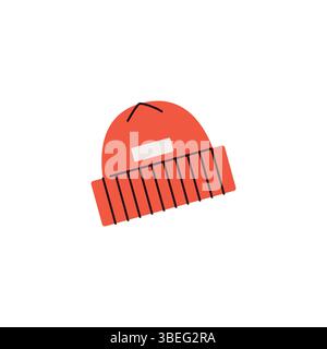 Flache Illustration einer roten Wintermütze mit gefaltetem Schirm und Etikettenaufnäher. Minimalistisches Design, das Kleidung für kaltes Wetter, Outdoor-Ausrüstung und kuschelig symbolisiert Stock Vektor