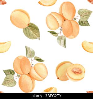 Aprikosen auf einem Zweig mit grünen Blättern nahtloses Aquarellmuster im Vintage-Stil isoliert auf weiß. Perfekt für Retro-inspirierte Verpackungen und Kosmetikartikel Stockfoto
