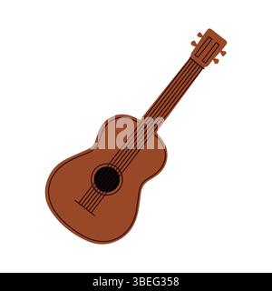 Flache Illustration einer klassischen braunen Akustikgitarre mit sechs Streichern. Einfaches Design für Musik, Camping-Unterhaltung und Entspannung im Freien Stock Vektor