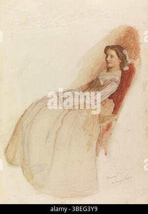 Frank Cadogan Cowpers *Fanny* zeigt eine junge Frau in einem Krinolinkleid und zeigt die Mode der viktorianischen Ära. Die Skizze unterstreicht Cowpers raffinierten Stil und seinen Fokus auf die detaillierte Darstellung von Damenbekleidung. Stockfoto