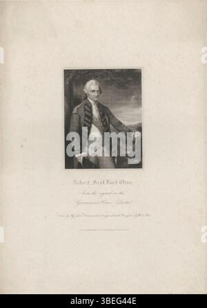Dieser Stippelstich von W. T. Mote nach Miss Jane Drummond und Nathaniel Dance zeigt Robert Clive, 1. Baron Clive, in einem formalen Porträt. Dieser 1833 veröffentlichte Gravur fängt das Bild des britischen Militärführers in einem detaillierten und raffinierten Stil ein, einer typischen Drucktechnik des 19. Jahrhunderts. Stockfoto