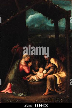 Dieses Gemälde mit dem Titel *die Geburt* von Giulio Pippi repräsentiert die biblische Geburt Jesu Christi. Die Szene ist mit traditioneller christlicher Ikonographie dargestellt, darunter die Heilige Familie, Engel und Hirten, die die religiöse Bedeutung des Ereignisses unterstreicht. Stockfoto