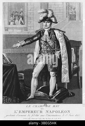 XIR326620 der "Champ de Mai" oder Kaiser Napoleon I. schwört die Treue zu den Verfassungen am 1. Juni 1815 (Gravur) (s/W-Foto) Zusatzakt vom 22. April 1815 zu den Verfassungen des Reiches (Gravur) (s/W-Foto) von French School, (19. Jahrhundert); Bibliotheque nationale, Paris, Frankreich; (zusätzliche Info.: Le Champ de May ou l'Empereur Napoleon Bonaparte (1769-1821) hübsches serment de fidelite aux Constitutions le 1er Juin 1815; zusätzlicher Akt vom 22. April 1815 hauptsächlich von Benjamin Constant (1767-1830) geschrieben; in Lyon erließ Napoleon ein Edikt, das die bestehenden Kammern auflöste und den Orden des Th ordnete Stockfoto