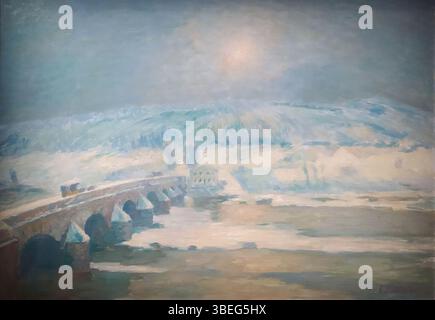 Albert Lebourgs Gemälde *La Neige à Pont-du-Château* aus dem Jahr 1885 zeigt die Allier im Winter, wobei die Brücke darüber das zentrale Merkmal darstellt. Lebourgs impressionistischer Stil betont Licht, Atmosphäre und die Ruhe der Winterlandschaft. Stockfoto