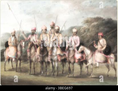 Dieses Aquarell von Sita RAM aus der Serie *Views by Seeta RAM* (Band VI) zeigt Sikh-Reiter und zeigt die militärische und kulturelle Bedeutung des Sikh-Reiches zwischen 1814 und 1816. Stockfoto