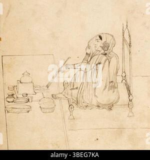 Dieses Gemälde aus dem 19. Jahrhundert zeigt eine Frau aus Punjabi, die kocht, und bietet einen Einblick in das tägliche Leben in Punjab während dieser Zeit. Das Kunstwerk zeigt die häusliche Szene und traditionelle Kochpraktiken. Stockfoto