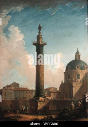 Dieses Gemälde aus dem 18. Jahrhundert, das Antonio Joli zugeschrieben wurde, zeigt die berühmte Trajan-Säule in Rom, die die Siege von Kaiser Trajan feiert. Das Werk zeigt die architektonische Schönheit des Denkmals und seiner Reliefskulpturen. Stockfoto