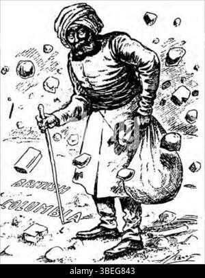 Dieser politische Zeichentrick des Montreal Daily Star aus dem Jahr 1908 zeigt einen älteren Sikh-Mann in British Columbia, Kanada, der mit Steinen belästigt wird. Die Bildunterschrift kritisiert Rassendiskriminierung und spiegelt die sozialen Spannungen in Kanada wider, die die südasiatische Gemeinschaft damals umgaben. Stockfoto