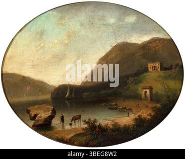 Dieses Gemälde, das nach William Henry Bartlett entstanden ist, zeigt Undercliff in der Nähe von Cold Spring, New York, das Anwesen von General George Morris. Es zeigt die malerische Landschaft rund um das Anwesen und fängt die natürliche Schönheit und Umgebung des 19. Jahrhunderts ein. Stockfoto